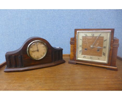 An Art Deco oak mantel clock and one other 