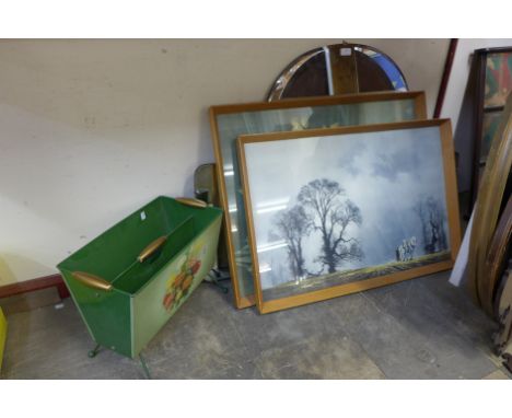 A David Shepherd print, one other print, three mirrors and a magazine rack 