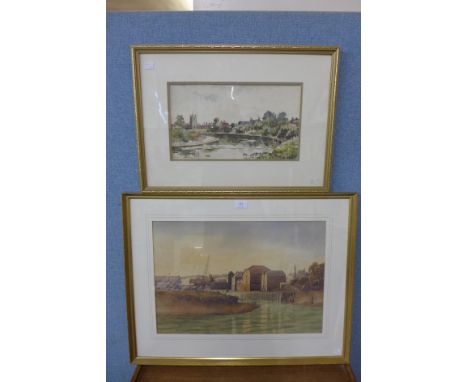 H.F. Cowell, estuary landscape, watercolour, 37 x 54cms, a Dambusters print, woolwork embroidery and a watercolour 
