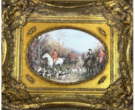 Unknown artist, 19thc style print of a country hunting scene, in a gilt frame. (24cmx34cm)