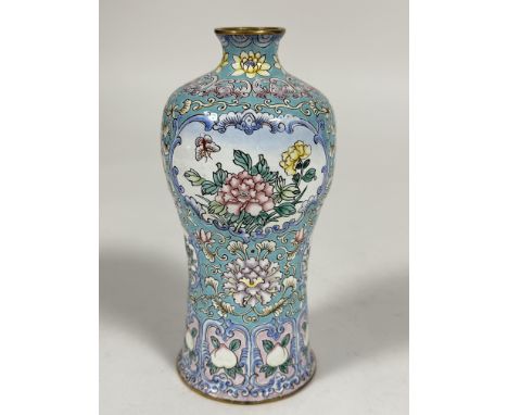 A modern Chinese Peking enamel baluster vase, decorated Bat and Lotus flower collar above two panels with Chrysanthemums encl