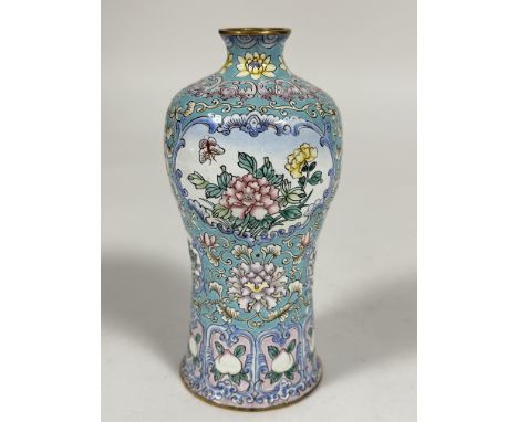 A modern Chinese Peking enamel baluster vase, decorated Bat and Lotus flower collar above two panels with Chrysanthemums encl