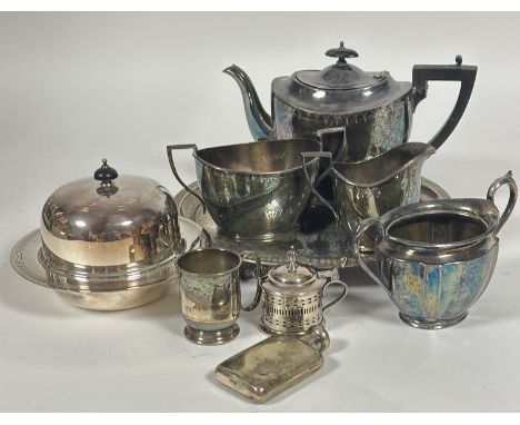 A collection of Epns including a oval engraved three piece tea set, dome top muffin dish and cover, drum mustard, christening