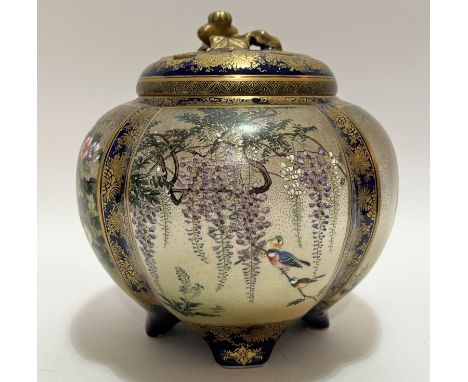 A Kinkozan Satsuma pottery quatrefoil lobed koro/censer with panels depicting roosters, wisteria, geese and other birds/flowe