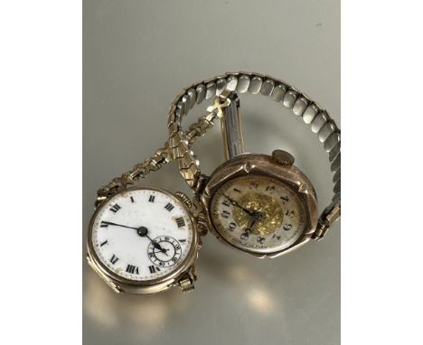 A 9ct gold vintage lady's wristwatch with white enamel dial and roman numerals on gilt metal adjustable bracelet and a 9ct go