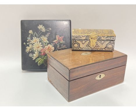 A group of boxes comprising a black lacquered box with floral decoration, a Korean Najeong Chigli&nbsp; lacquer trinket box w