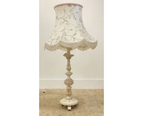 A white painted carved treen table lamp formed as an 18th century style Spanish candle stick, decorated with acanthus leaves 