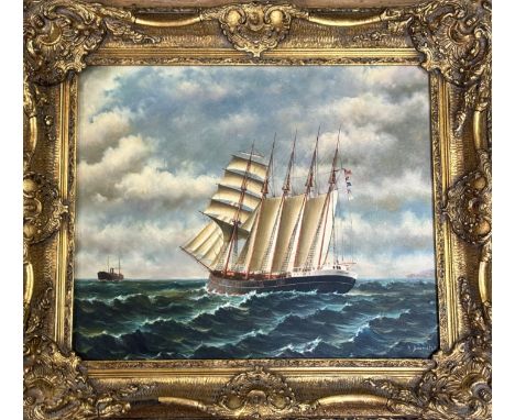 R. Bannister, master ship at sea scene, oil on canvas, signed bottom right in a gilt composition frame. (48cmx59cm)