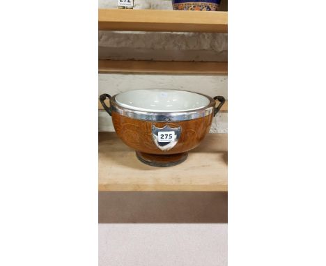 ANTIQUE OAK AND CERAMIC FRUIT BOWL