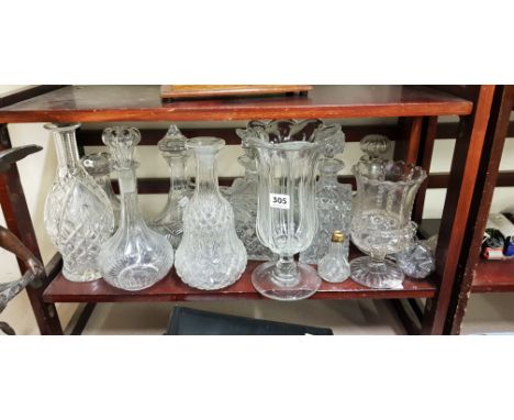 LARGE SHELF LOT OF GLASS DECANTERS