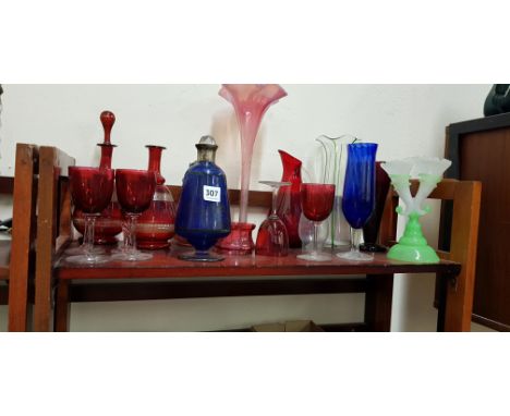 SHELF LOT OF COLURED GLASS