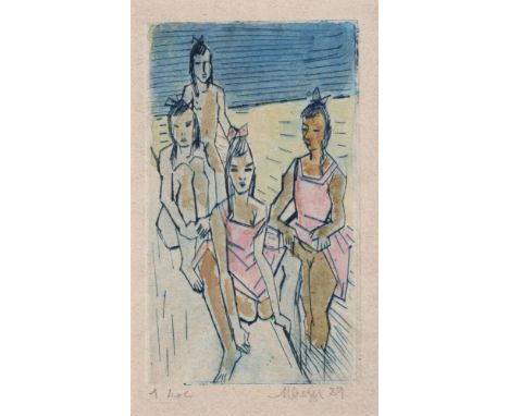 Emil Maetzel (Cuxhaven 1877 - Hamburg 1955). Frauen am Strand. 1939. Aquarellierte Kaltnadel. 17 x 10 cm. R. u. mit Bleistift