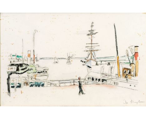 Ivo Hauptmann (Erkner 1886 - Hamburg 1973). Schiffe am Anleger. Aquarell und Kohle. 31 x 48,5 cm. R. u. stempelsign. Ivo Haup