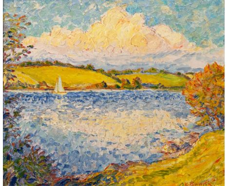 Heinrich Blunck-Heikendorf (Kiel 1891 - Kiel 1963). Abendsonnenschein - Osbeker Bucht. Öl/Karton. 52 x 62 cm. R. u. sign. H. 