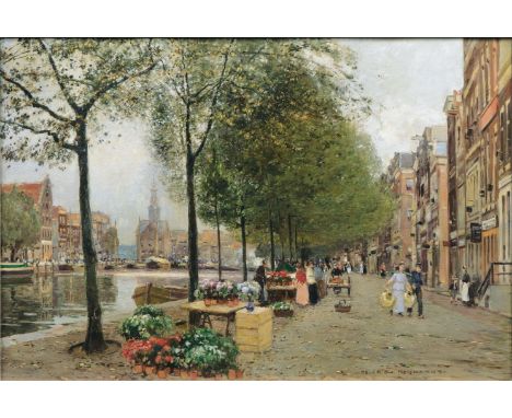 Heinrich Hermanns (Düsseldorf 1862 - Düsseldorf 1942). Blumenmarkt in Amsterdam. Öl/Lw. 70,5 x 100 cm. R. u. sign. Heinrich H