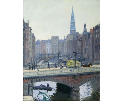 Paul Kayser (Hamburg 1869 - Donaueschingen 1942). Trostbrücke und St. Katharinen in Hamburg. Öl/Lw. 78 x 59,5 cm. R. u. sign.