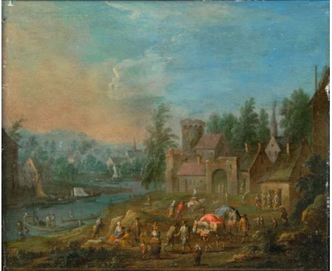 Adriaen Frans Boudewijns (Brüssel 1644 - Brüssel 1711), zugeschr. Reges Treiben am Fluss. Öl/Holz. 25,5 x 30 cm. R. u. Invent