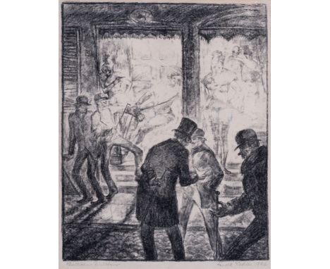 Arnold Fiedler (Hamburg 1900 - Hamburg 1985). Nächtliches Erlebnis. 1920. Lithographie, partiell handkoloriert. 38 x 30,5 cm.