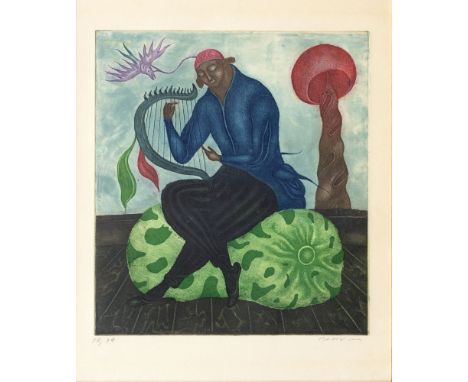 Arik Brauer (Wien 1929 - Wien 2021). Zwei Blätter aus Brauers Liedermappe. 1968. Farbaquatinta, partiell handkoloriert. 33 x 