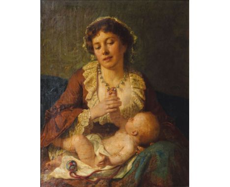 Friedrich Adolf Hornemann (Hannover 1813 - Düsseldorf 1890). Mutter und Kind. Öl/Lw. 90 x 72,5 cm. R. u. sign. Hornemann und 