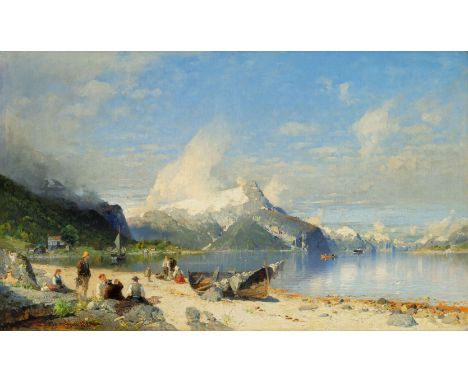 Georg Anton Rasmussen (Stavanger 1842 - Berlin 1914). Am Fjord. 1890. Öl/Lw. 77 x 126 cm. L. u. sign. und dat. A. Rasmussen 1