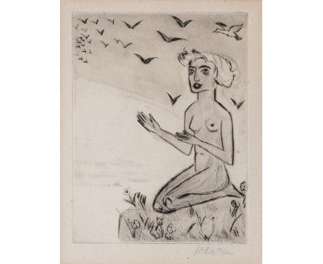 Hermann Max Pechstein (Zwickau 1881 - Berlin 1955). Yali VI (Das kniende Mädchen mit Vögeln). Kaltnadel. 23,5 x 18 cm. R. u. 