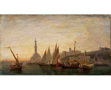 Théodore Gudin (Paris 1802 - Boulogne-sur-Seine 1880). Boote vor einer Stadt mit Minarett. Öl/Lw. 17,5 x 30 cm. R. u. sign. T