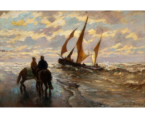 German Grobe (Hanau 1857 - Düsseldorf 1938). Fischer am Strand. Öl/Lw. 88 x 125,5 cm. R. u. sign. German Grobe. Zustand Einig