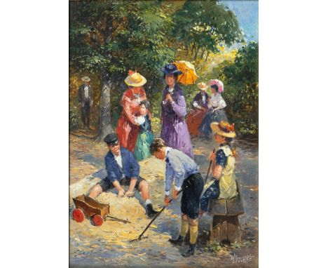 Detlev Nitschke (Berlin 1935). Auf dem Spielplatz. Öl/Holz. 20 x 15 cm. R. u. sign. Nitschke.   - Deutscher Veduten- und Land