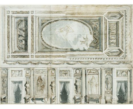 Italienischer Architekt tätig 2. Hälfte 18. Jh. Entwurf für Wand und Decke eines Schlosses. Lavierte Federzeichnung. 45 x 59,