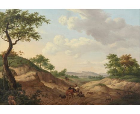 Dionys van Dongen (Dordrecht 1748 - Rotterdam 1819). Weite Landschaft mit Hirten. Öl/Holz. 40 x 56,5 cm. R. u. sign. D. v. Do