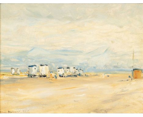 Ulrich Hübner (Berlin 1872 - Neubabelsberg 1932). Badewagen am Strand. 1905. Öl/Hartfaser. 31,5 x 41,5 cm. L. u. sign. und da