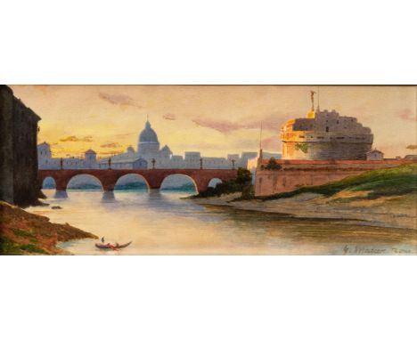 Georg Macco (Aachen 1863 - Genua 1933). Engelsburg und St. Peter. Aquarell. 13 x 31,5 cm. R. u. sign. G. Macco Rom, unter Gla