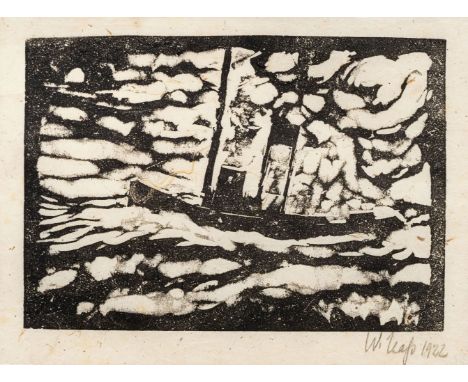 Willi Nass (Hamburg 1899 - Hamburg 1966). Schlepper. 1922. Holzschnitt/Japan. 14 x 19,5 cm. R. u. mit Bleistift sign. und dat