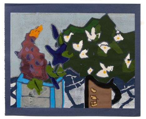 Klaus Fußmann (Velbert 1938). Lupinen und Jasmin. Farblinolschnitt. 41,5 x 55 cm. R. u. sign. und dat. Fußmann 92, l. u. num.