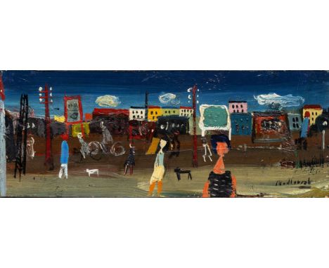 Horst Skodlerrak (Jugnaten/Memel 1920 - Travemünde 2001). Kleine Stadt. Öl/Holz. 6,5 x 16,5 cm. R. u. sign. Skodlerrak.   - D