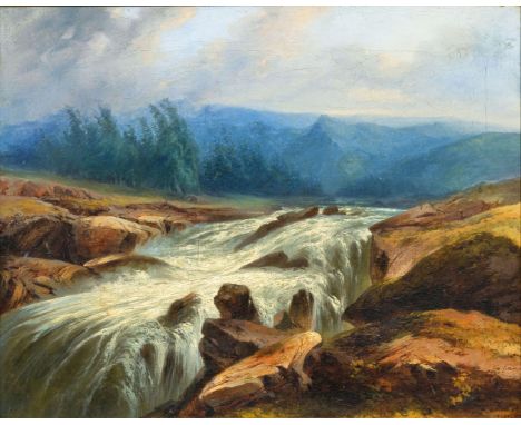 Alexandre Calame (Vevey 1810 - Mentone 1864). Wasserfall. 1842. Öl/Lw. 32 x 40 cm. R. u. sign. und dat. A. Calame 1842. Zusta