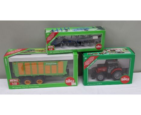 Three Siku mint &amp; boxed 1:32 scale die-cast farm equipment to include, 2151 Massey Ferguson MF 8280 extra tractor, 2873 S
