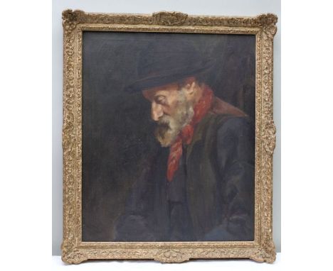 A mid to late 19th century English School, portrait of an elderly man, in profile, wearing a hat and a red neckerchief, oil p