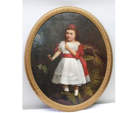 A late 19th century British School, portrait of a child wearing a white dress with a red sash, oil painting on canvas, oval, 