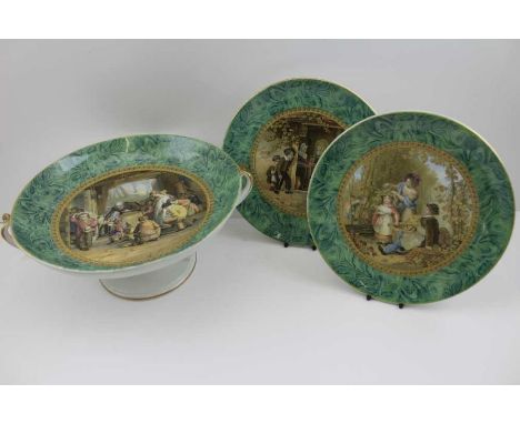 A 19th century Pratt ware pottery comport with malachite border, the central scene after Mulready of a school room, 28cm in d