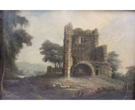 19th century British School, "Abbey Ruins" (with sheep in the foreground), oil painting on panel, 19cm x 26cm, gilt framed