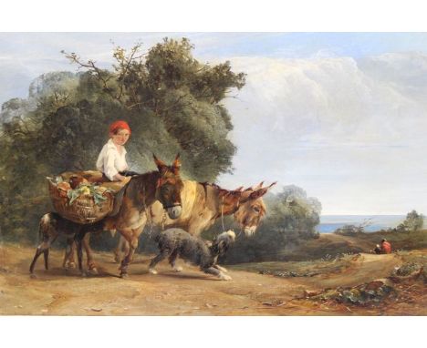 William Gosling Recorded British 1824 - 1883 A Boy astride two asses with shaggy dog beside and two figures in distance looki