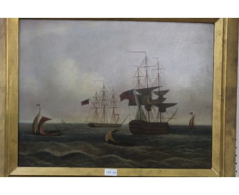 19th century British school, "Marine Scene", sailing ships, mostly flying the red ensign oil on canvas, 46cm x 60cm, in plain