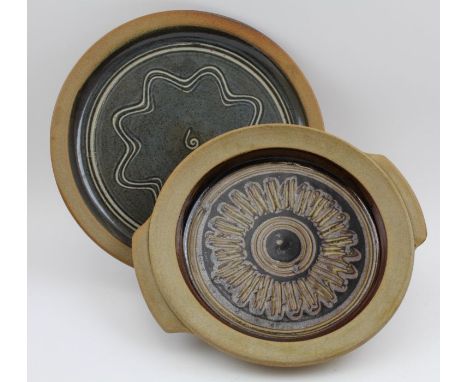 Ray Finch, Winchcombe pottery, glazed stoneware plate, with trailed decoration, 26.5cm in diameter and one other shallow two-
