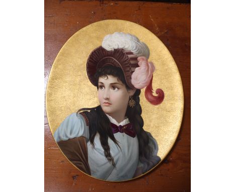 A late 19th century Crown Derby ceramic oval wall plaque, painted by George Landgraf, depicts a beautiful young woman in port
