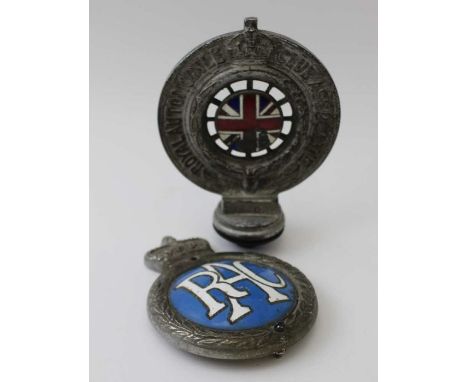An early to mid-20th century 'Royal Automobile Club Associate' car badge, enamel Union Jack to centre, no.153008, together wi
