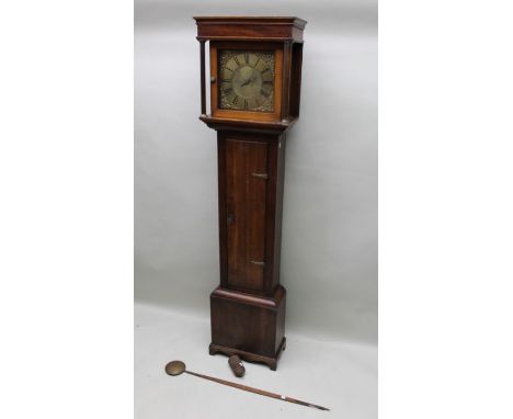 An oak cased 30-hour longcase clock, square top hood with columns, the square face 28cm square, with Roman numerals and a pan
