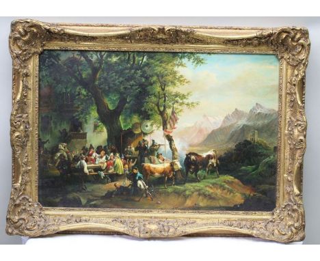 Gustave Willem Holte, European School, an early 20th century oil on panel, of an Alpine hotel / public house, with scenes of 