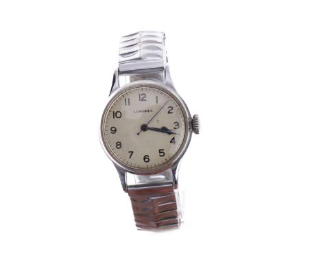 GENTLEMAN'S LONGINES MILITARY ISSUE STAINLESS STEEL MANUAL WIND WRIST WATCH the buff dial with Arabic numerals in black, oute